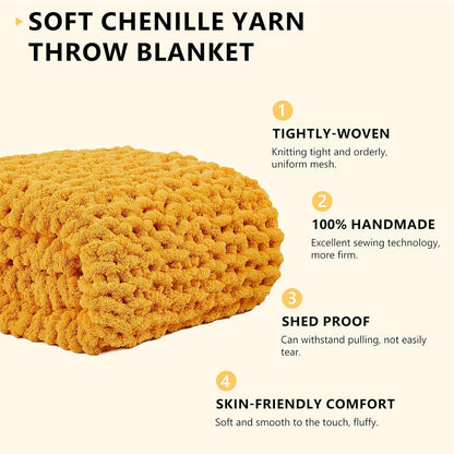 L'AGRATY Chunky Knit Blanket Throw: 72''x84'' Chenille Chunky Knitted Throw Blanket for Bed Couch - Handmade Thick Big Cable Knit Blanket - Large Chunky Crochet Rope Blanket for Home Decor(Yellow)