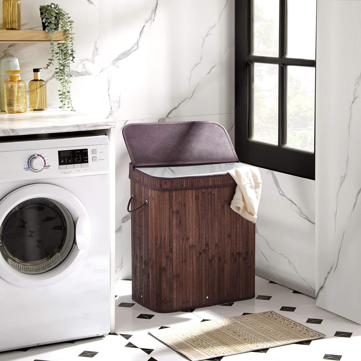 SONGMICS Laundry Hamper with Lid, Bamboo Launry Basket with Handles, Foldable Storage Basket for