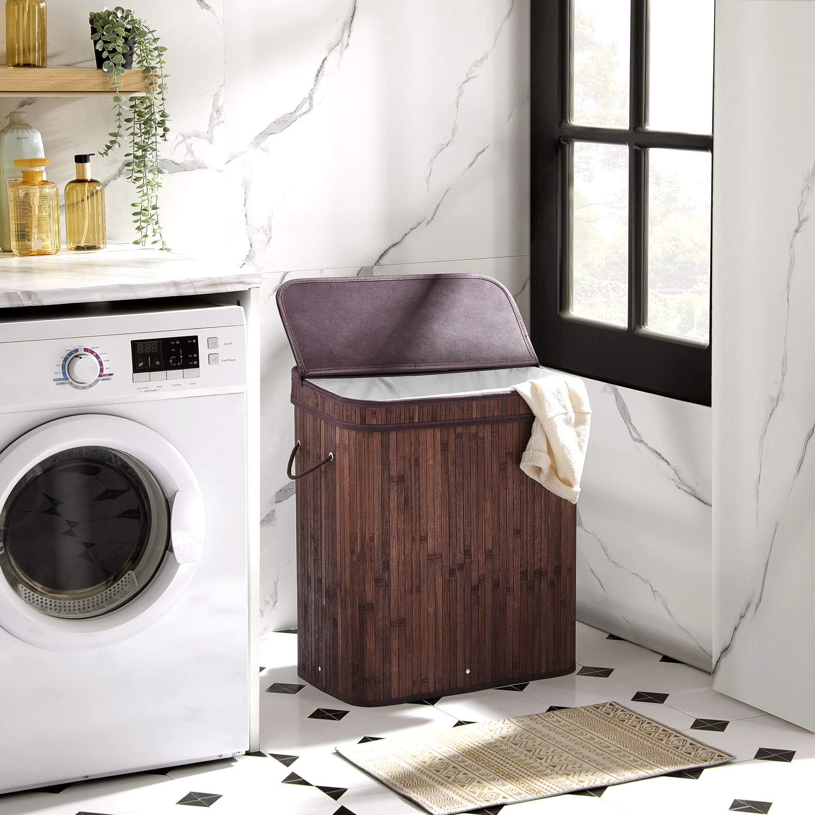 SONGMICS Laundry Hamper with Lid, Bamboo Launry Basket with Handles, Foldable Storage Basket for