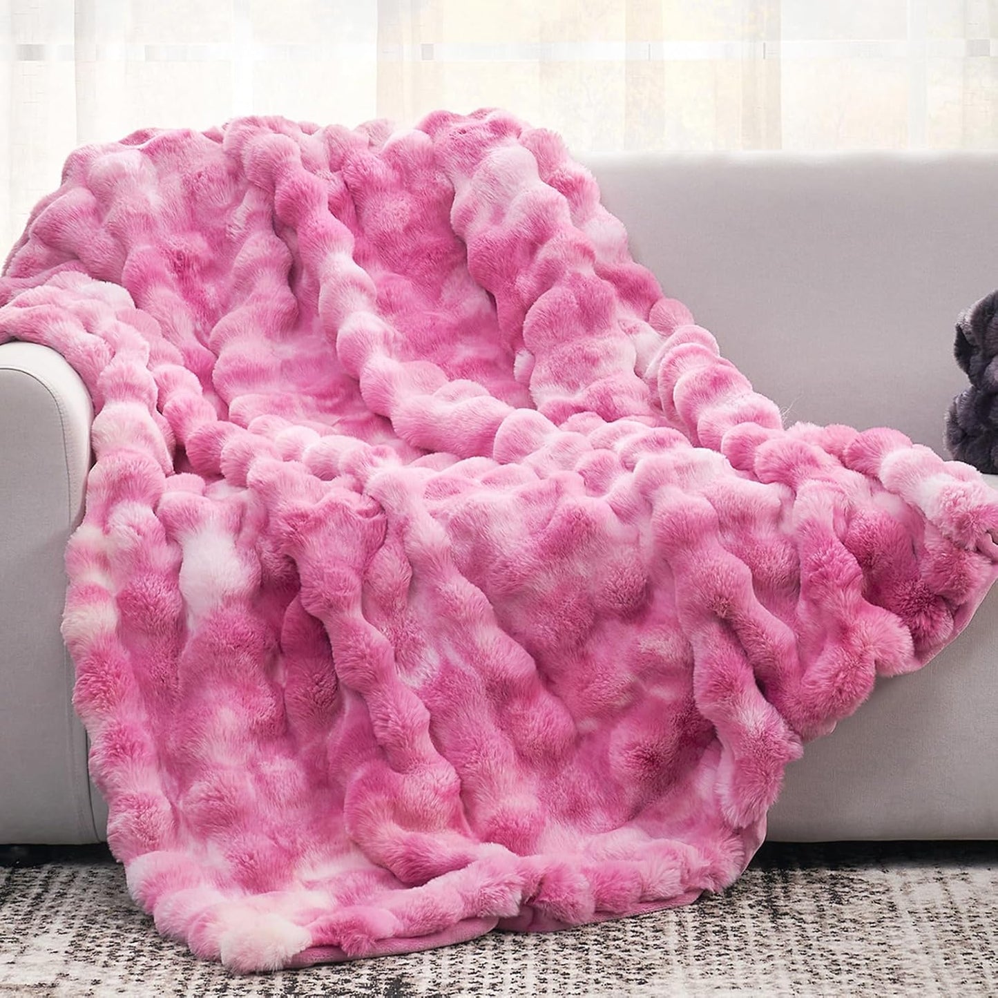Cozy Bliss Faux Fur Throw Blanket for Couch, Fuzzy Soft Plush Thick Bubble Blanket for Sofa Bedroom Living Room, 50 * 60 Inches Tie Dye Pink
