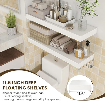 Deep Floating Shelves, 12'' Deep Rustic Large Floating Shelves Set of 2, White Shelves for Wall 36 Inches Long, Wood Shelves for Living Room Laundry Room Bedroom Kitchen Home Office - White