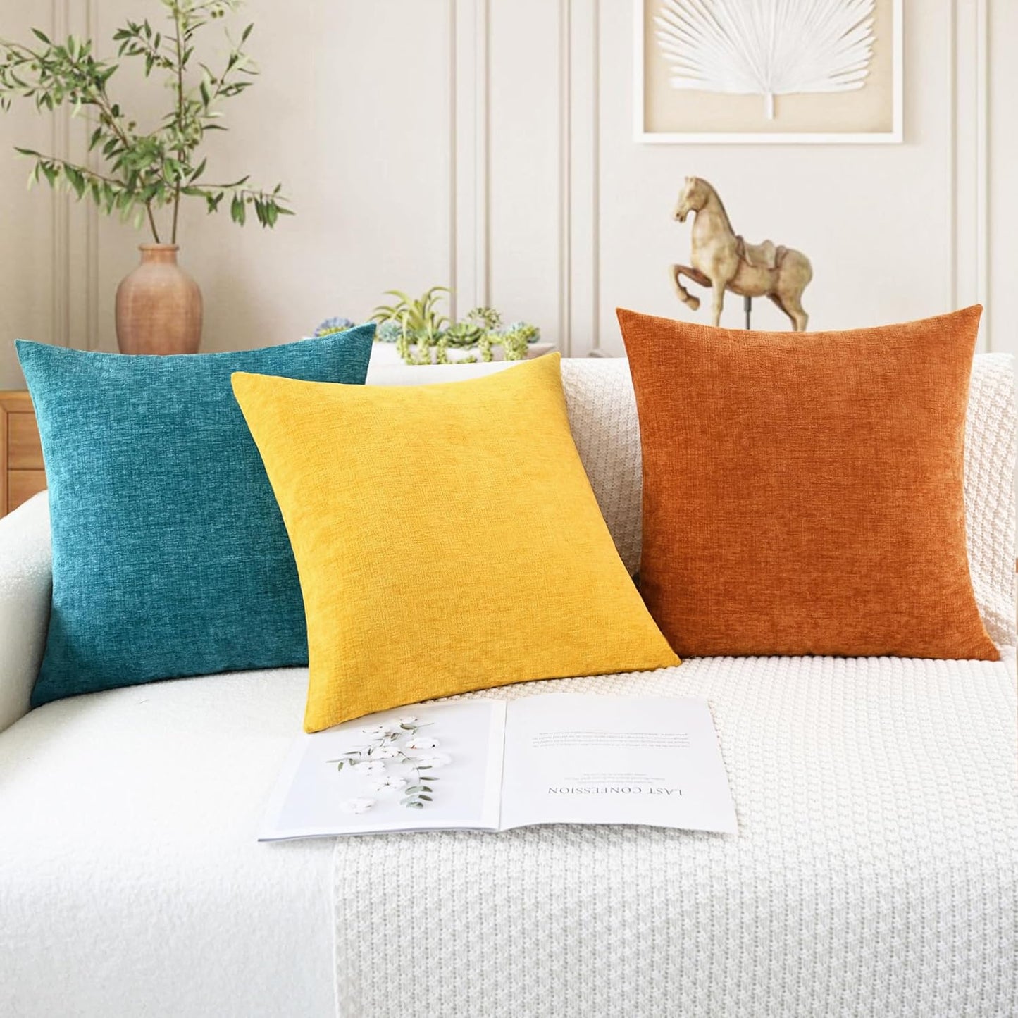 CaliTime Fall Throw Pillow Covers Decorative 24 X 24 Inches Pack of 2 Cozy Chenille Cushion Cases for Couch Sofa Bed Living Room Home Burnt Orange