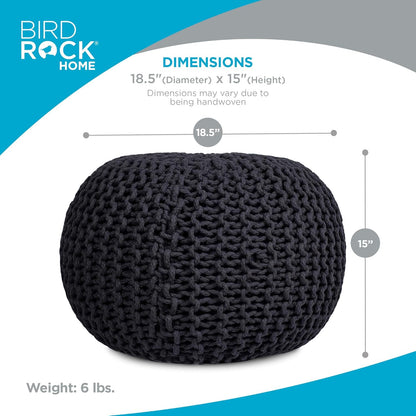 BIRDROCK HOME Round Pouf Ottoman | Cotton Braided Foot Stool with Bean Bag Filling | Boho Foot Rest for Living Room & Bedroom | Compact & Comfortable Seating, Lightweight & Soft | Charcoal