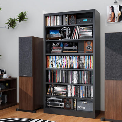 Metal DVD Storage Cabinets, 7-Tier CD Storage Rack with Adjustable Shelves, DVD Organizer Shelf, Media Shelves for CD Holder, Books, Games, Black Book Shelf for Living Room & Home Office (Black)