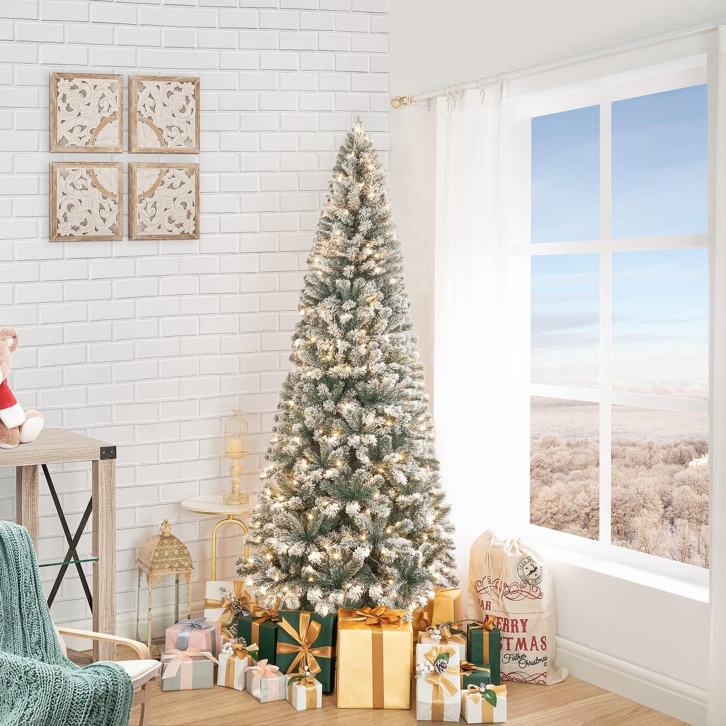 Naomi Home Salzburg 9ft Frosted Prelit Slim Artificial Christmas Tree with 1455 Branch Tips, 500 Warm Lights and Metal Stand, 37" Wide Realistic Snow Flocked Skinny Pencil Christmas Tree