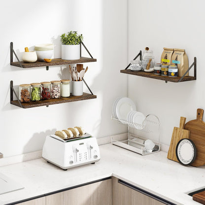 Heimlove 24 Inches Rustic Brown Floating Shelves,8 Inches Deep Wall Bookshelf Mounted Display&Storage Wood Wall Shelves for Kitchen Bathroom Laundry Living Room,Set of 3