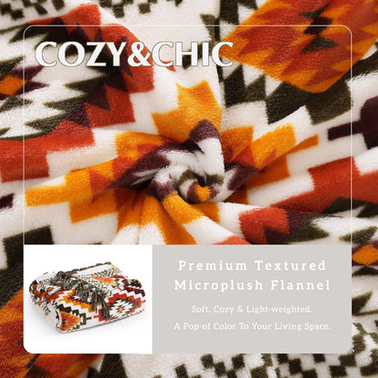 CASAAGUSTO Boho Throw Blanket - Orange and Green Decorative Blankets with Tassel, Printed Flannel Bohemian Blanket for Chair, Bed, Sofa, Couch(50 * 60, Orange and Green)