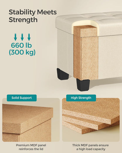 SONGMICS Storage Ottoman, Small Ottoman Foot Rest with Legs, 12.6 x 15.8 x 13.2 Inches Foot Stool, Load up to 660 lb, for Living Room, Bedroom, Dorm, Cream White ULSF012W01
