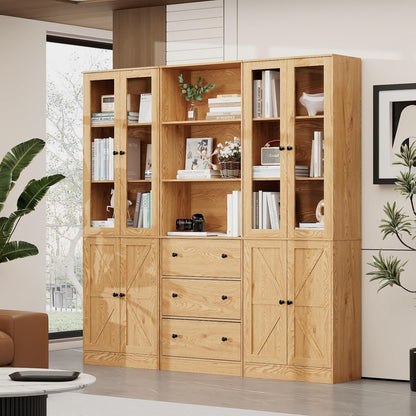 71" Tall Bookshelves Set of 3, 1 Bookcase with Drawers & 2 Bookshelves with Doors, Wooden Floor Standing Display Storage Shelves for Home Office, Living Room