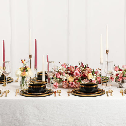 Christian Siriano Solene Stoneware Dinnerware, 24-Piece Plates and Bowls Set, Dish Set for 8, Black with Gold Rim, Glossy Finish, Hand Wash Only