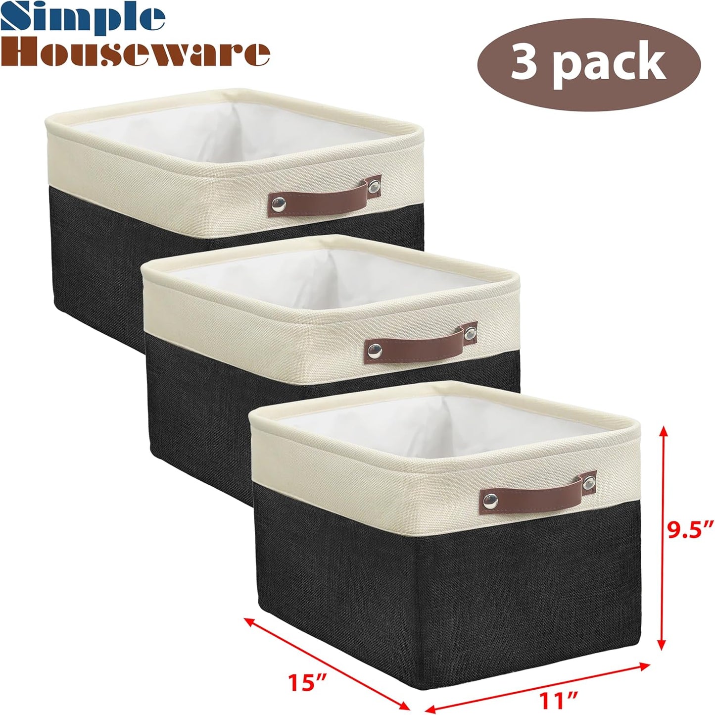 SIMPLE HOUSEWARE Large Fabric Storage Bin, 15" x 11" with Leather Like Handles, 3 Pack, Black
