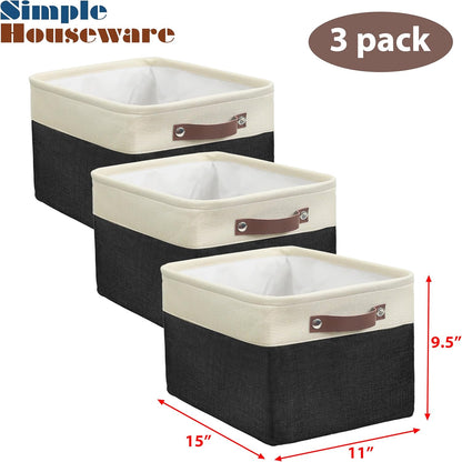 SIMPLE HOUSEWARE Large Fabric Storage Bin, 15" x 11" with Leather Like Handles, 3 Pack, Black