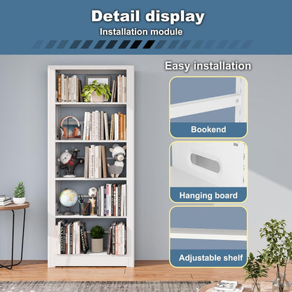 5-Tier Metal Bookshelf, 69" Tall Bookcase, Adjustable Bookshelves with Deep Display Shelves, Heavy Duty Book Shelf, Open Book Cases for Living Room, Home, Office, Library, Garage (White)