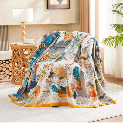 Fall Throw Blanket for Couch, Yellow Boho Decorative Throw Blanket, 100% Cotton Muslin Breathable Woven Farmhouse Blankets Quilt, 80"x90" Reversible Lightweight Blankets Bohemian Throw Quilt