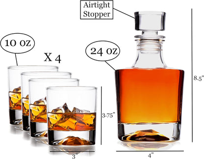 Whiskey Decanter Glasses Gift Set - 4 Whiskey Glasses - Airtight Stopper for Wine, Bourbon, Brandy, Juice, Water - Decanter Sets For Men Christmas Gifts for Dad Boyfriend Husband Him - Bezrat