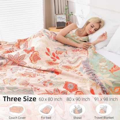 Boho Throw Blanket for Bed - 100% Pure Cotton Ultra Soft Rustic Quilt - Farmhouse Decor Bed Blankets, All Season Rustic Throw for Sofa Couch Chair(80''x 90'', Floral)