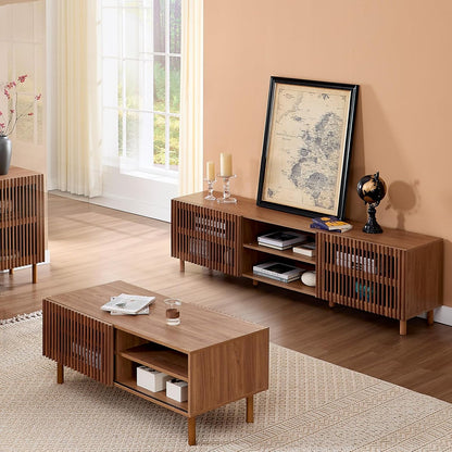 Bonzy Home 70" Mid Century Modern TV Stand, TV Console for TV up to 75", Slatted Entertainment Center with Storage and Open Shelves for Living Room, Bedroom, and Media Room