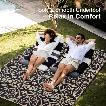 OLANLY Outdoor Rug Waterproof 5x8 ft Clearance, Reversible Outdoor Plastic Straw Rug with Floral Pattern, RV Mat for Patio, Camping, Balcony, Deck, Backyard, Black & Beige