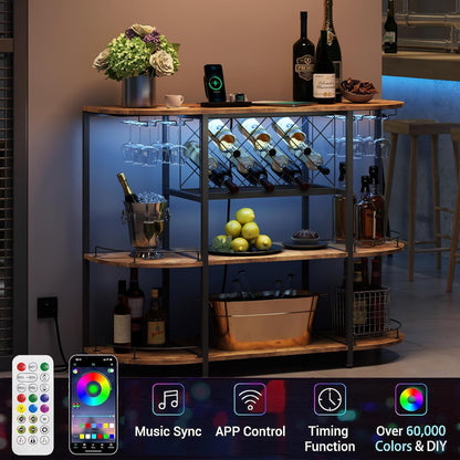 Wine Cabinet Bar Cart Table with Power Socket and LED Light, Three Tiers Coffee Bar Table Wine Rack Liqour Bar with Large Storage for Home Kitchen (Retro Brown)