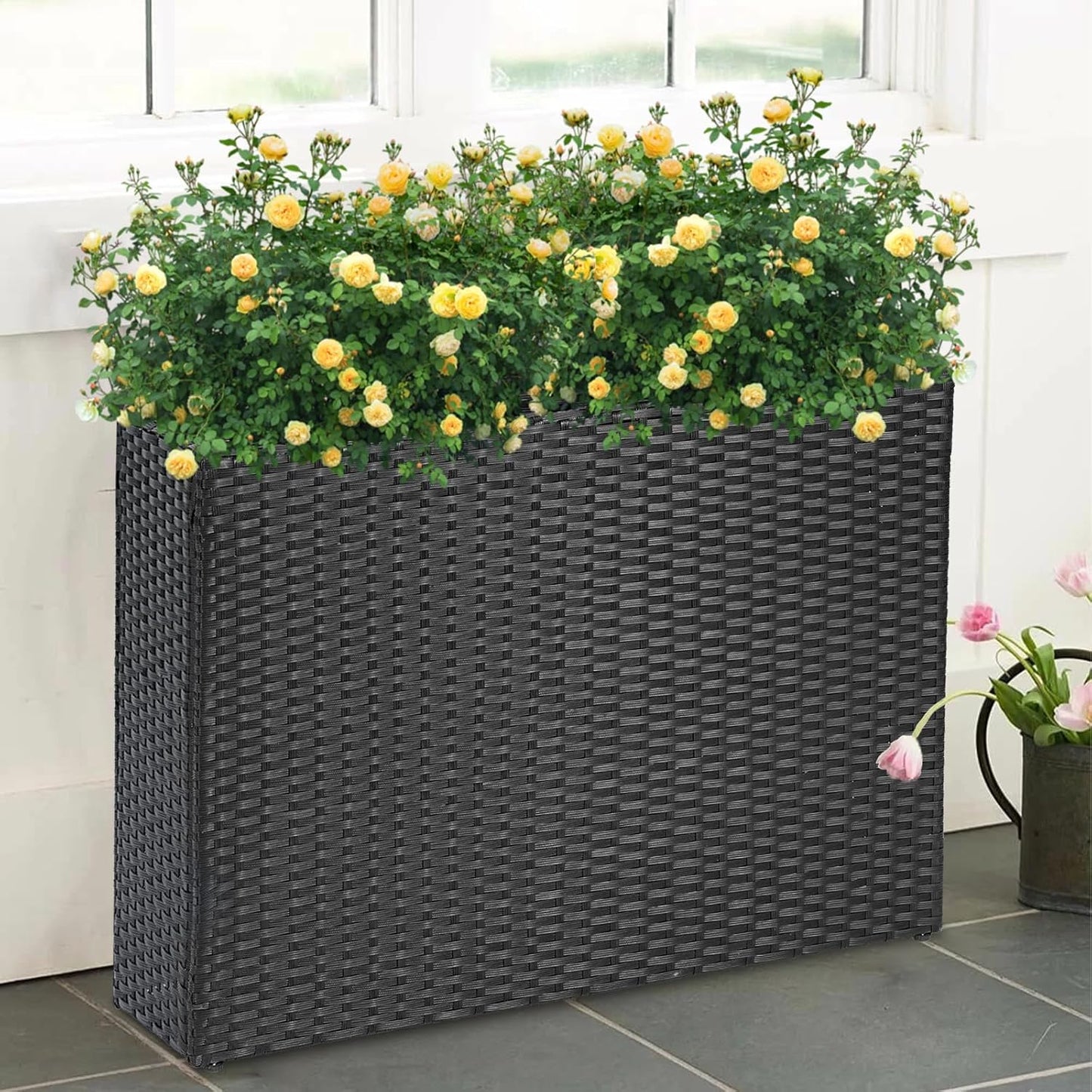 SUNNYPARK Tall Rectangular Planter with Removable Liner, All-Weather PE Rattan Large Modern Planters Indoor Outdoor Flower Plant Pots Garden Box Patio Yard Front Porch Deck