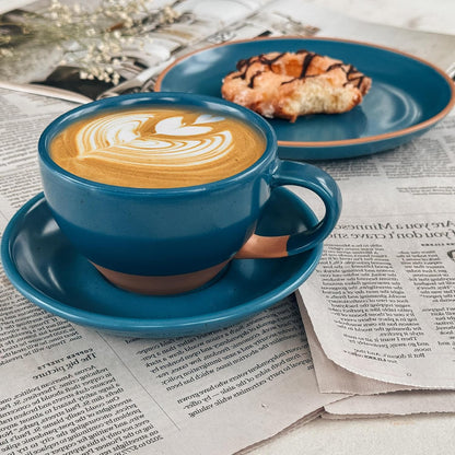 Mora Ceramic Latte Art Mug With Saucer - 10.5 oz, Round Bottom For Perfect Pours - Cafe Cups for Cappuccino, Espresso, Coffee, Tea etc - Porcelain Set for Baristas, Great Gift - Azure Blue