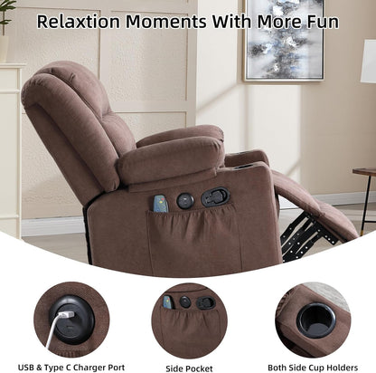Rocker Recliner Chair with Heat and Massage, 360° Swivel Recliner Chairs for Adults, Heavy Duty Reclining Sofa Chair with USB Port Cup Holders Side Pockets for Living Room (Brown)