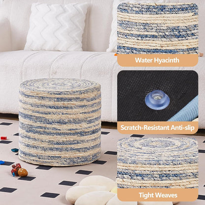 Wimarsbon 18'' Ottoman Pouf, Natural Braided Poof, Rustic Handweave Lounge Pouffe, Boho Footrest Stool for Bedroom, Accent Table for Living Room (Blue Corn Husk)