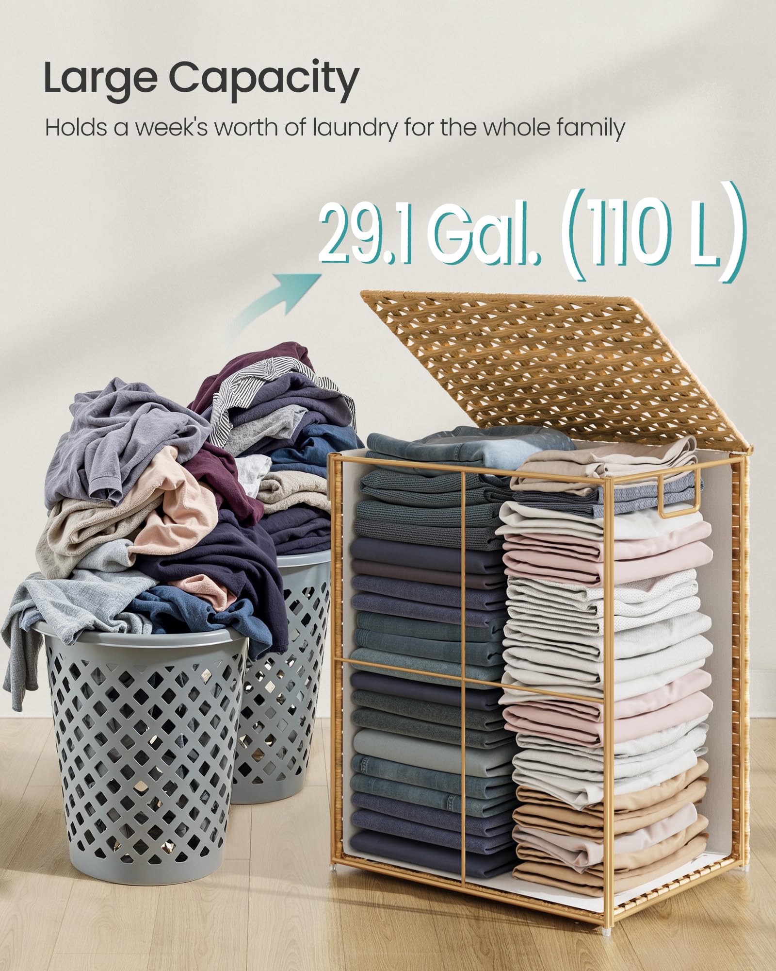 SONGMICS Laundry Hamper with Lid, 29.1 Gallon (110 L) Synthetic Rattan Clothes Laundry Basket with