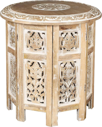 Lightnpro Hand Carved Solid Mango Wood Octagonal Accent Table - 18"×18" White Wash Farmhouse Vintage Home Décor Round End Table for Living Room, Bedroom, Entryway - Rustic Boho Side Table