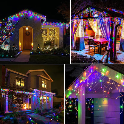 Colored Christmas Lights Outdoor, 33ft 400 LED Icicle Lights for Outside House with Connectable Clear Wire 8 Modes Timer, Plug in Waterproof for Home Holiday Eaves Yard Party Room Indoor Decoration
