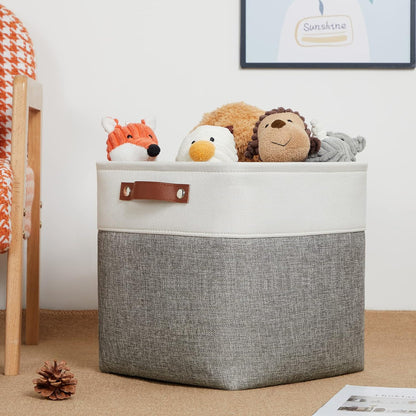 DULLEMELO [Set of 4 Storage Cubes Baskets for Organizing, 12 x 12 x 12 inch Cube Storage Organizer Bins with Leather Handles, Foldable Fabric Cloth Bins for Cube Storage(4 Pack - 12" White&Grey)