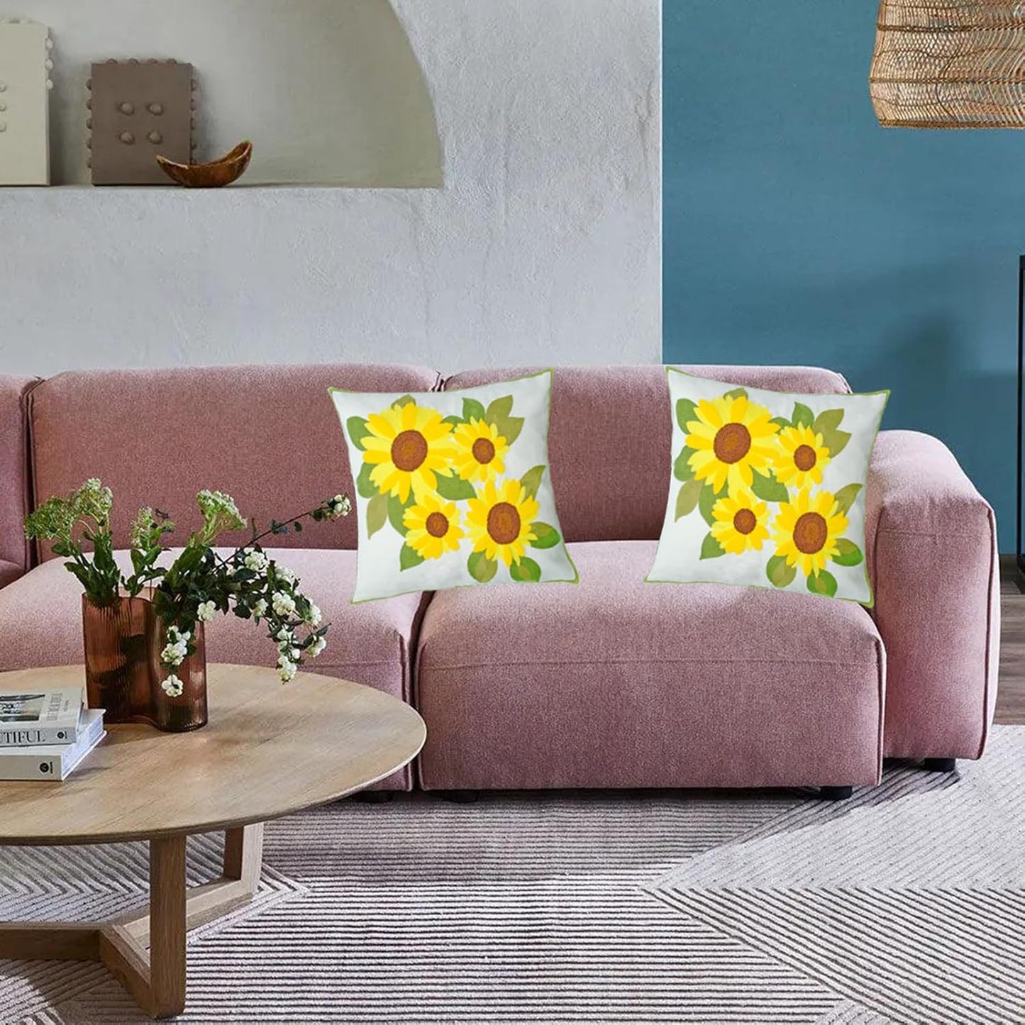 Embroidered Decorative Throw Pillow Cover, 18"x18" Set of 2, Farmhouse Pillowcase Yellow Sunflower Knit Pattern Cotton Canvas Cushion Case Square Floral Pillow Case for Sofa Couch Bed Living Room