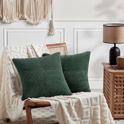 Fancy Homi Set of 2 Dark Green Boho Decorative Throw Pillow Covers 18x18 Inch for Living Room Couch Bed, Modern Farmhouse Forest Green Home Decor, Soft Textured Corduroy Corss Patchwork Cushion Case