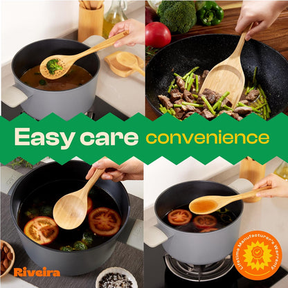 Riveira Brown Bamboo Wooden Spoons for Cooking Set of 6 – Natural Brown Bamboo Wooden Cooking Utensils, Wooden Spatula, Wooden Spoon - Premium Quality Wooden Utensil Set for Non-Toxic Cooking