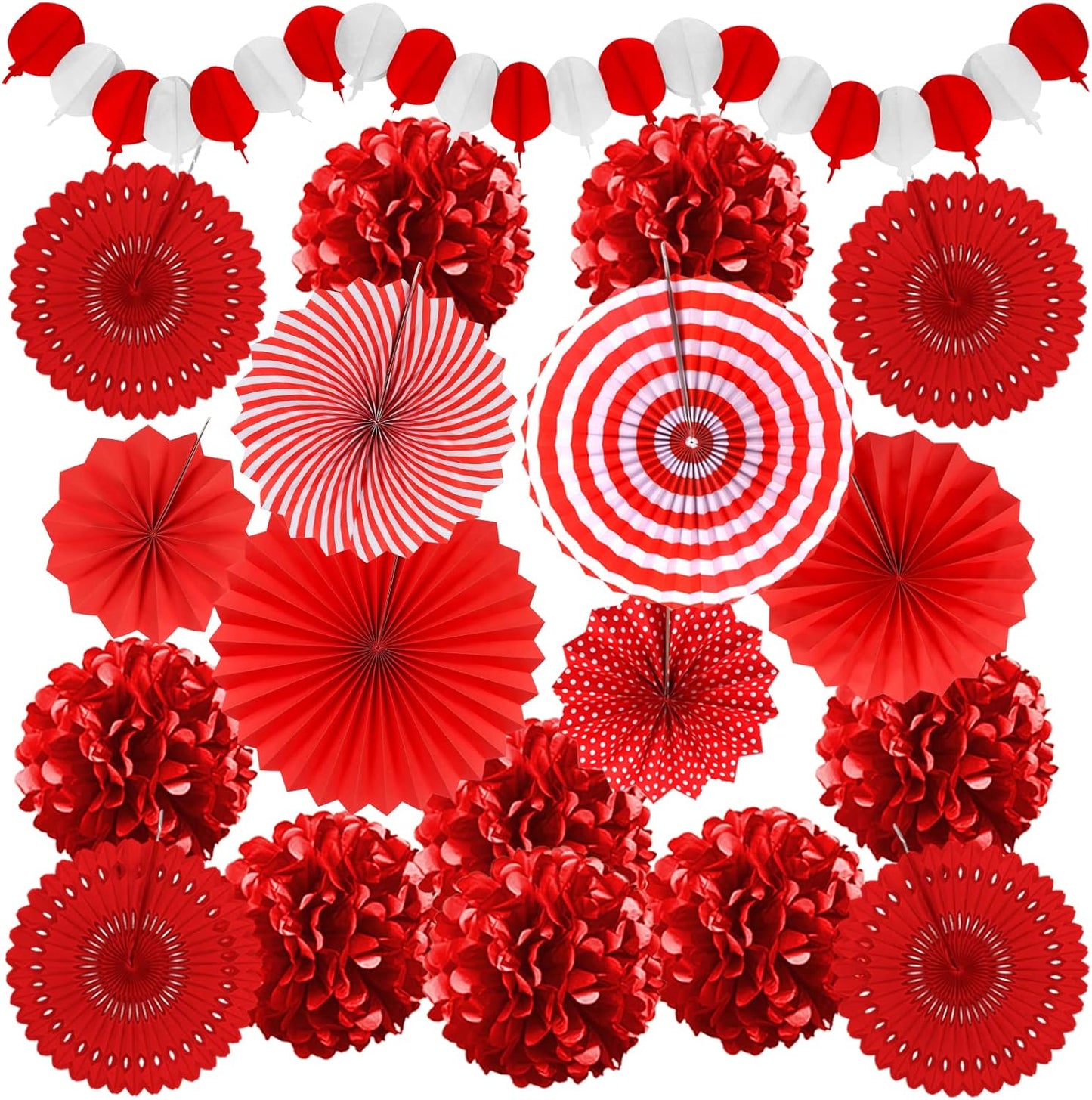 Red Party Decorations, Papar Fans Pompoms Fans Garlands for Birthday Bridal Baby Shower Wedding Graduation New Years Valentine's Day Party Decorations