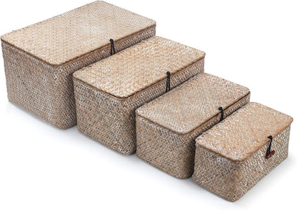 Wicker Basket with Lid, Seagrass Storage Basket, Woven Decorative Storage Baskets for Shelf Organizing, Whitewash