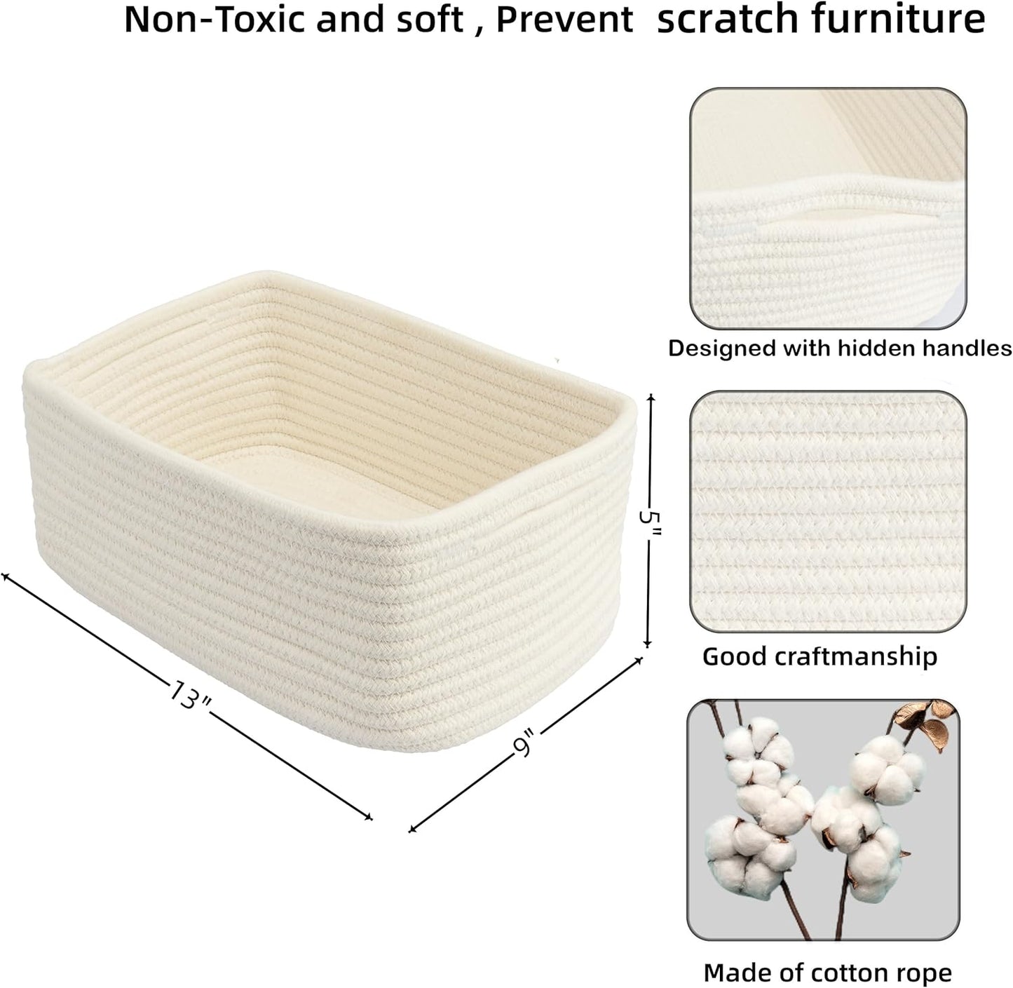 Small Woven Storage Baskets 13“X9”X5“ Decorative Rope Bins for Organizing Shelves, Closets, and Toys, Empty Gift Baskets, Cute Organizer Basket for Home and Office White Large