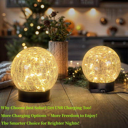 Beautyard Solar Globe Lights Outdoor Large Garden Decor USB Charged 4.72" Diameter 40LED 1000mAh Solar Lights Cracked Glass Globe Power Yard Patio Garden (4.72'' Large 2 Pack Warm White)