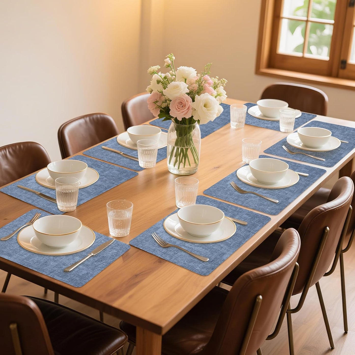Maxpearl Set of 8 Faux Leather Table Placemats – Heat Resistant, Waterproof, Easy to Clean, Non-Slip Mats for Dining Table, Kitchen, Indoor & Outdoor, 17”x12”, Blue
