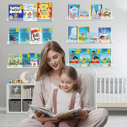 6 Pack Clear Acrylic Floating Shelves for Wall, 15'' Plastic Wall Mounted Display Shelf Kids Bookshelf and Spice Organizer for Bedroom, Living Room, Kitchen, Bathroom, Office