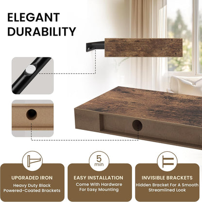 Floating Shelves for Wall, 72" W x 9.3" D x 1.5" H, Long Wooden Wall Mounted Display Shelf with Invisible Brackets for Living Room, Bedroom, Bathroom, Kitchen & Storage, Set of 1, Rustic Brown