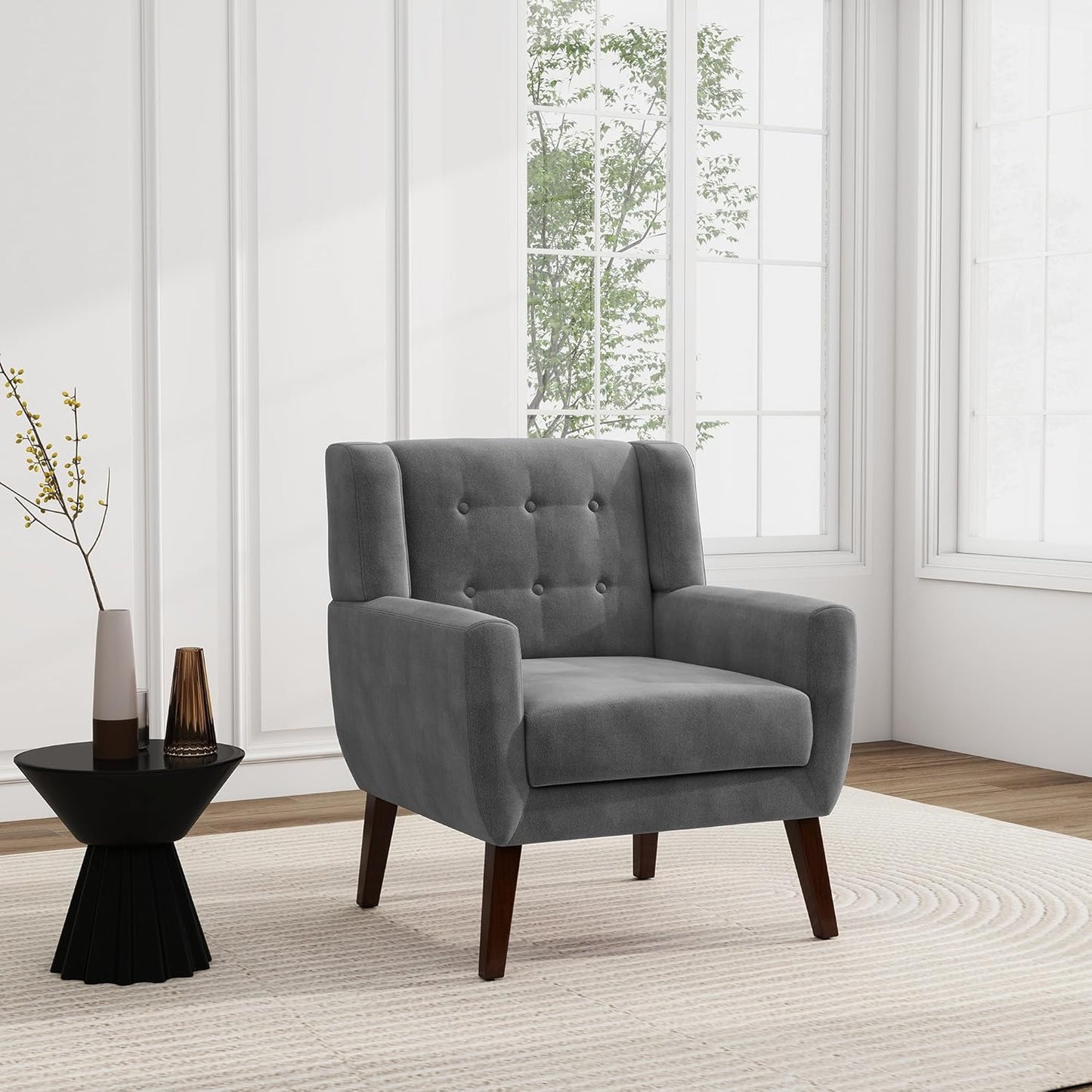UIXE Accent Chair, Velvet Upholstered Armchair for Living Room, Modern Club Arm Chairs Comfy Single Sofa Button Tufted Bedroom Reading Seat - Gray, Set of 1