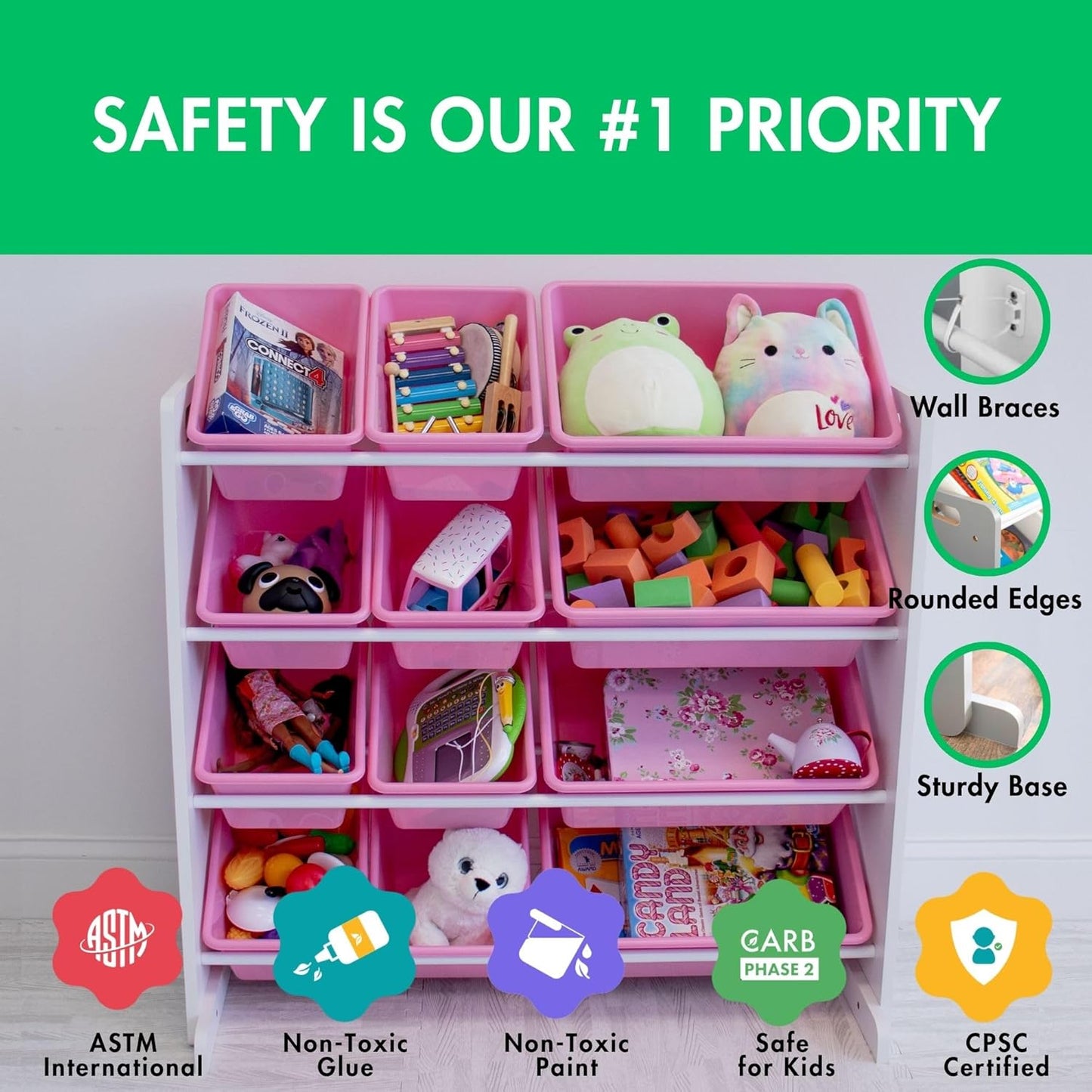 Humble Crew Kids Toy Storage Organizer with 12 Plastic Bins, White/Pink – Removable Bins for Playroom, Bedroom, Toddler Furniture for Boys and Girls Ages