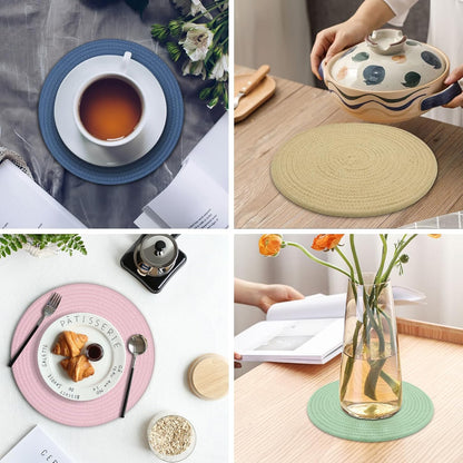 Round Placemats Set of 6, Cotton Rope Woven Table Mats, Hot Pads for Kitchen, Non Slip Heat Resistant Place Mats, 13 Inches Braided Placemat for Farmhouse Decor and Kitchen Table Decor (Khaki)