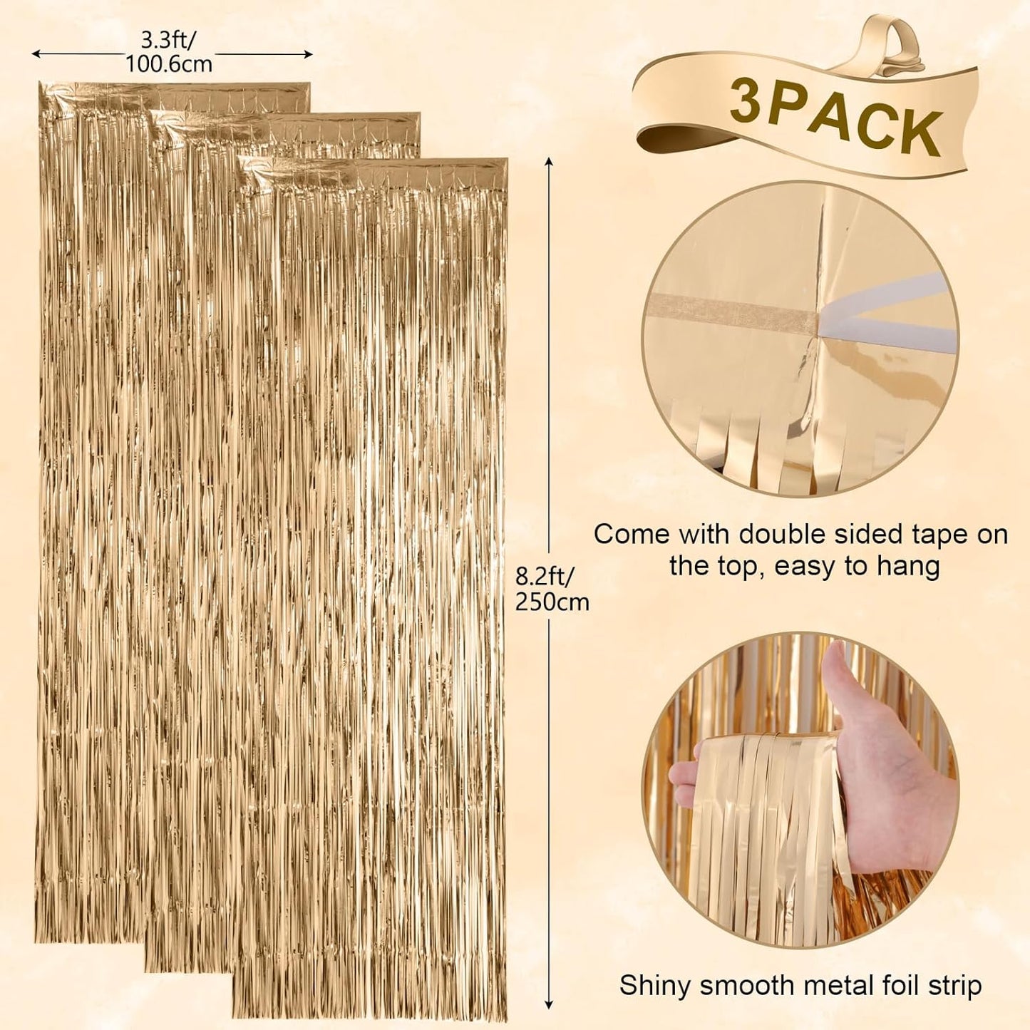 3 Pack 3.3x8.2 Feet Champagne Foil Fringe Backdrop Curtains, Tinsel Streamers Birthday Party Decorations, Fringe Backdrop for Graduation, Baby Shower, Gender Reveal, Disco Party