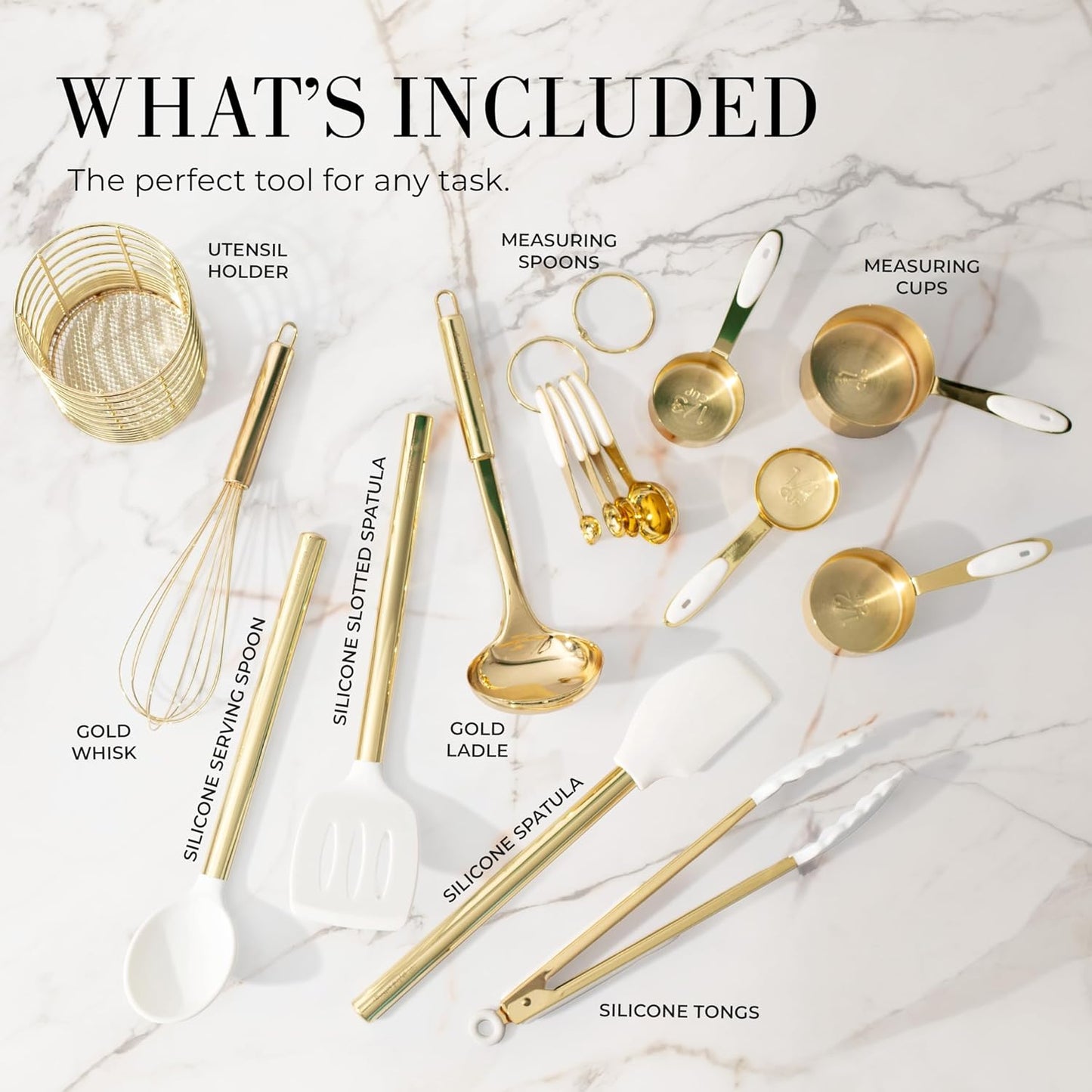 Styled Settings White and Gold Kitchen Utensils Set - 15-Piece BPA free, Non-Scratch, Utensils Set Includes White Silicone Cooking Utensils and Measuring Cups and Spoons