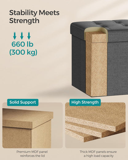 SONGMICS Folding Storage Ottoman Bench，38 x 38 x 38 cm， Ottoman Foot Rest, End of Bed Bench, Storage Chest, Load 300 kg, for Living Room, Bedroom, Entryway, Dorm, Dark Gray ULSF27Z