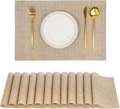 Placemats Set of 12，Non-Slip PVC Weave Table Mats Easy to Clean，Heat Resistant Place Mats for Kitchen Dining Table Decoration Indoor Outdoor，Beige