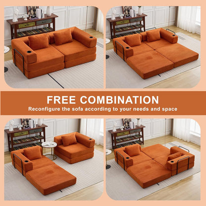 78" W Loveseat Sofa, 4 in 1 Convertible Floor Sofa Bed, Boneless Cloud Couch with Cup Holder, Fold Out Floor Couch, Loveseat Recliner Sleeper for Living Room Bedroom Lounge(Corduroy, White)