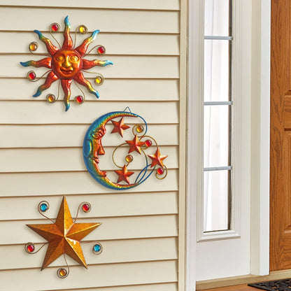 Limygus Metal Wall Art Sculpture, Set of 3 - Celestial Wall Decoration - Sun Moon Star Decorative Silhouette - Waterproof Wall Hanging Decor for Home Office, Bedroom, Bathroom, Living Room